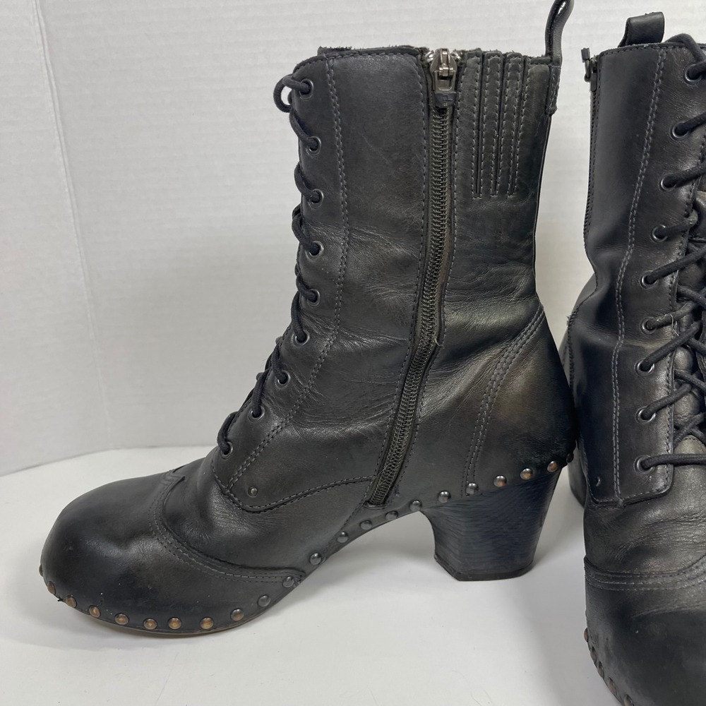 Dansko Nat Boots Women Size 40 Gray Studded Leather Lace Up Side Zip Clog Heel - Picture 4 of 10